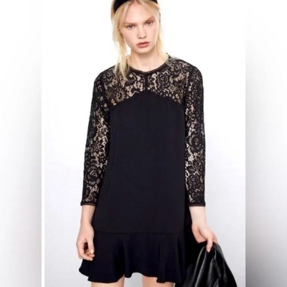 Zara Black Lace Ruffle Hem Dress Large